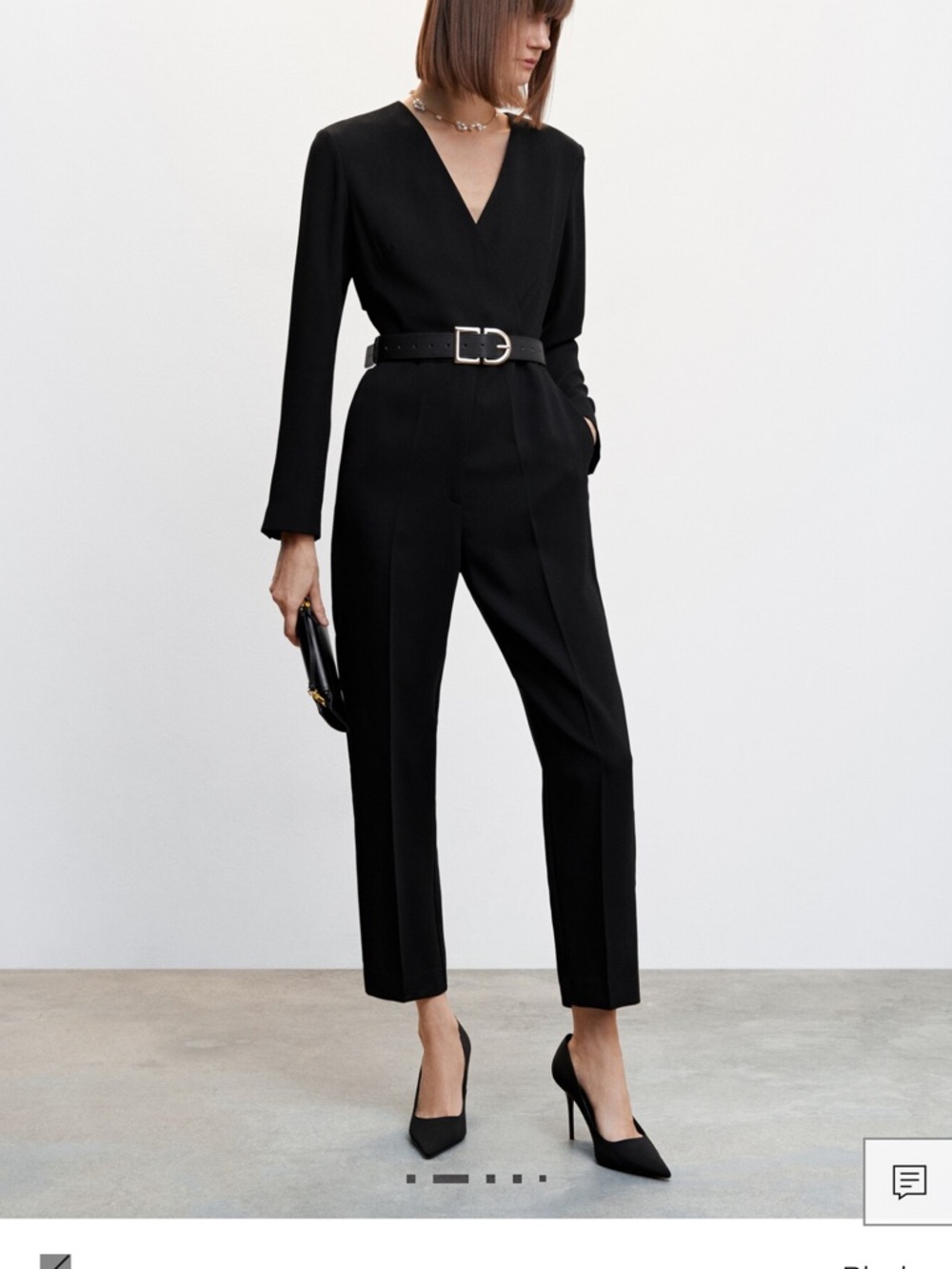 Mango Black Long-Sleeve V-Neck Belted Jumpsuit